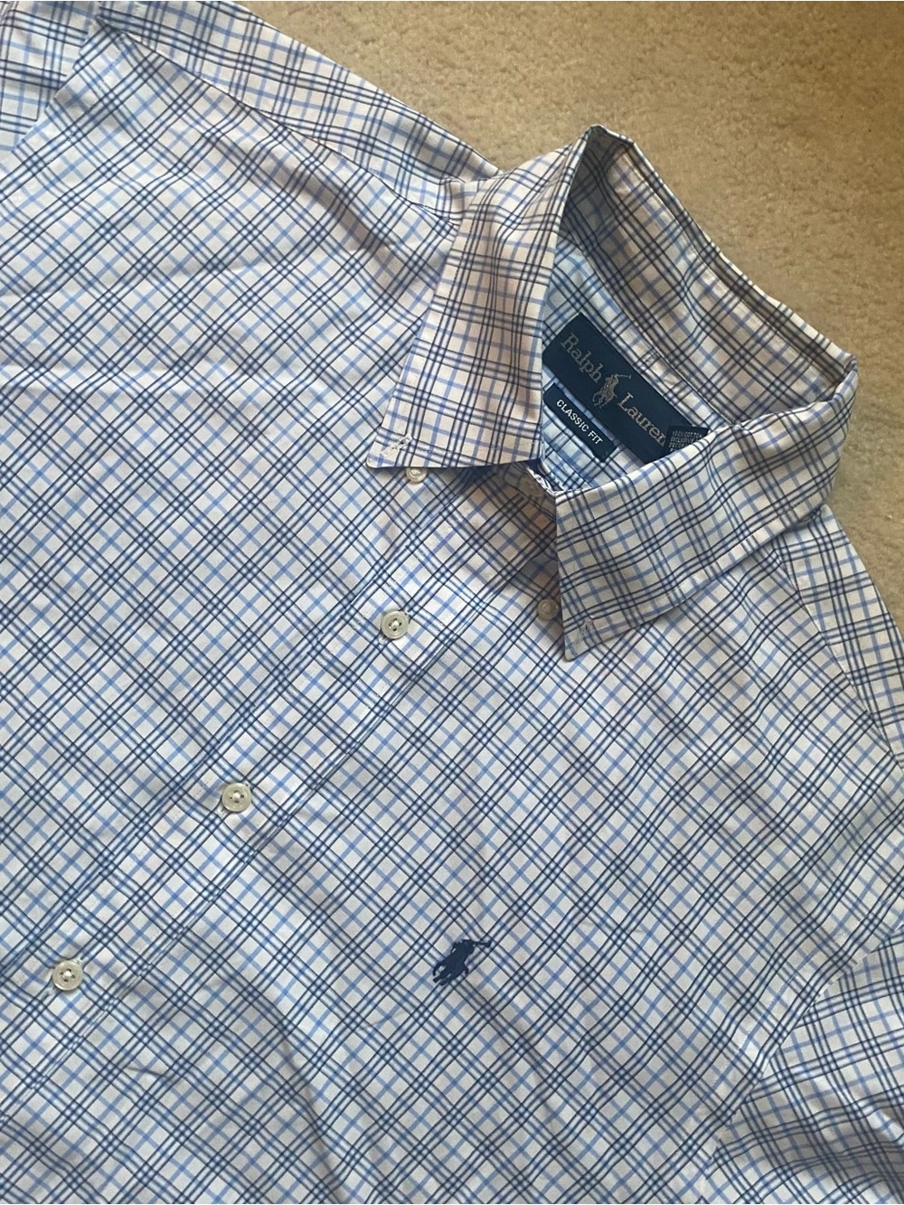 Polo Ralph Lauren Classic Fit Button Up Blue White Plaid Mens Large 100% Cotton